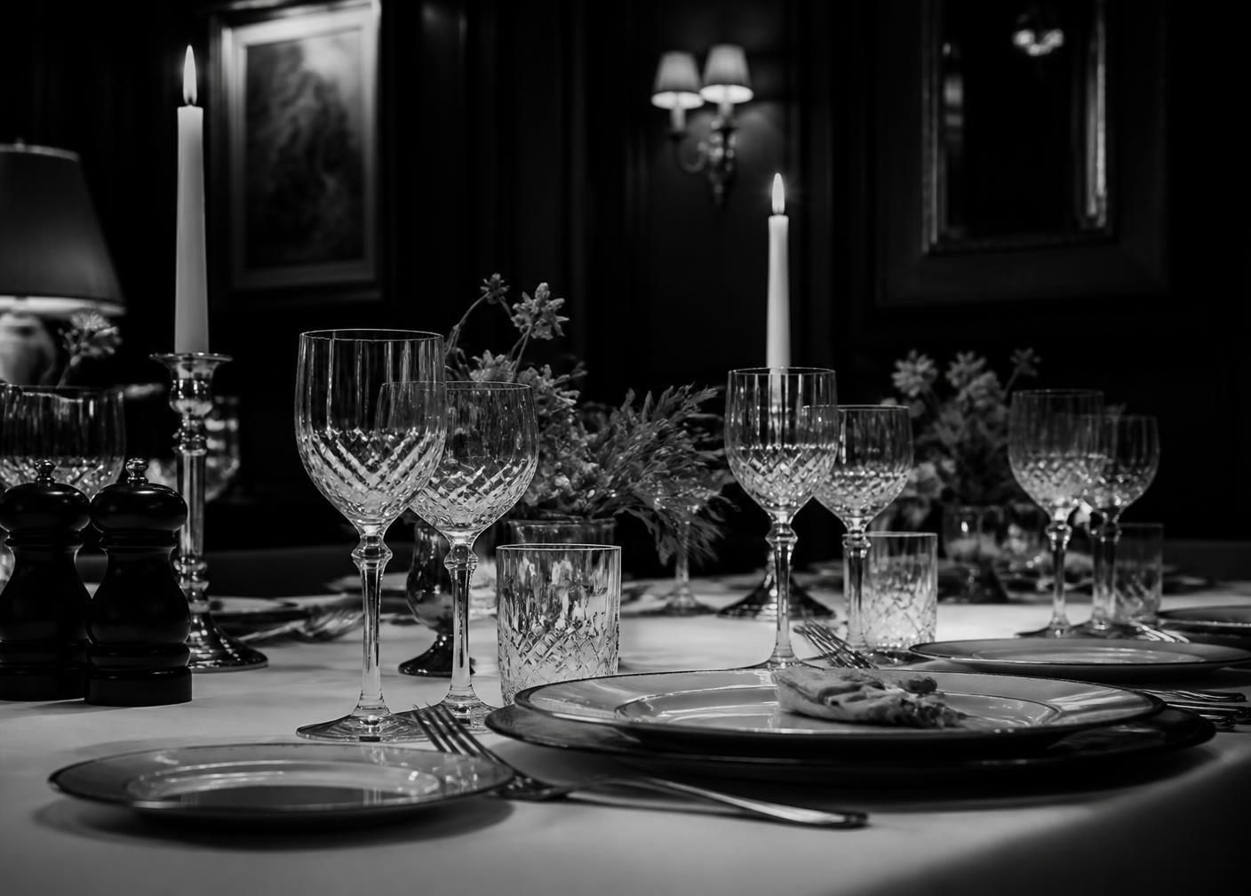 Gedeckte Tafel eines privaten Dinners bei Kerzenlicht