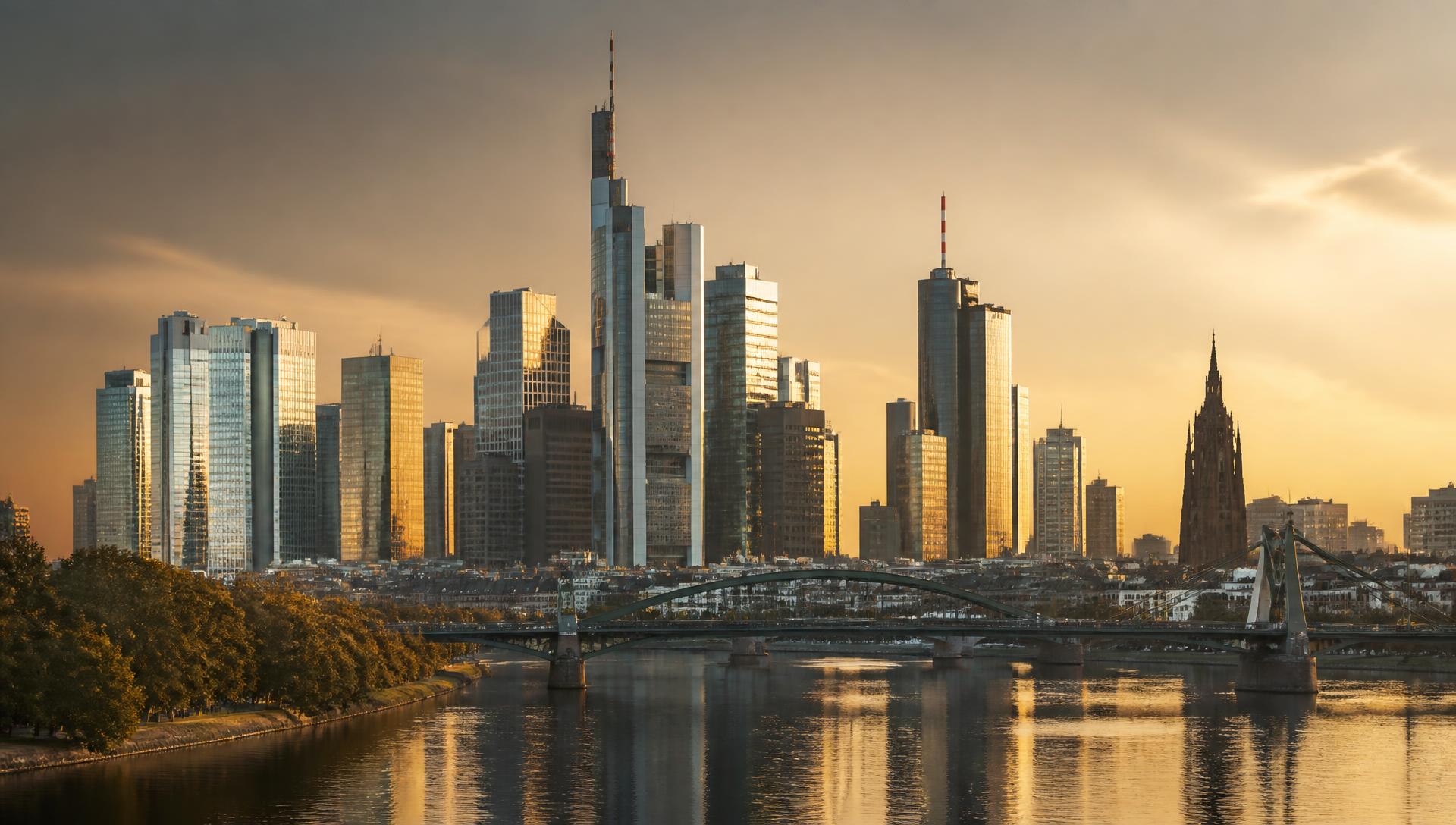 Frankfurter Skyline mit Bankentürmen am Main im Abendlicht